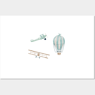 Aeroplanes and hot air balloons | Watercolor Posters and Art